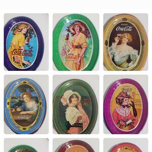 Coca Cola Tin Plates, Vintage, Small, Oval, Collectors, 9 miniature trays, Decor